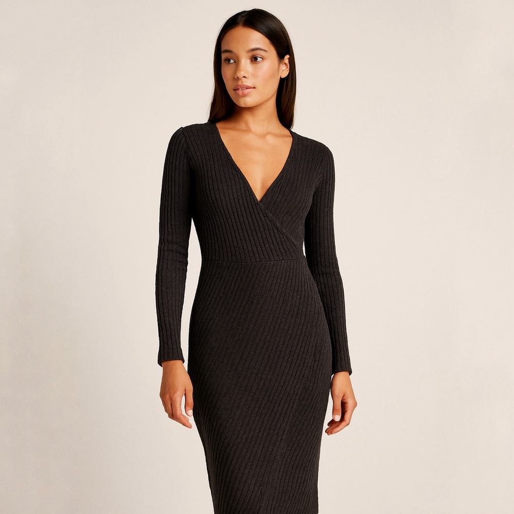 Aritzia Wilfred Free Black Ribbed Long Sleeve Knit Midi Dress Size Large